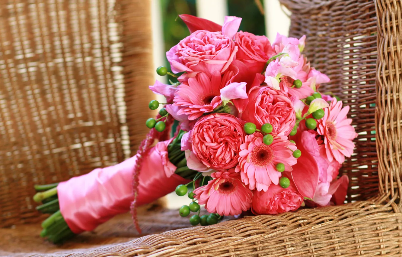 Photo wallpaper roses, pink, gerbera, gerberas, roses, bouquets