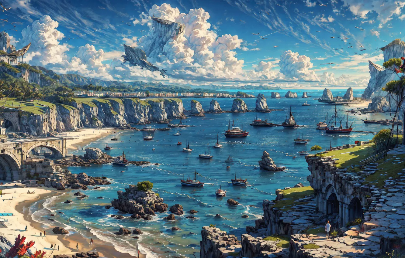 Photo wallpaper mountains, rocks, coast, ship, Bay