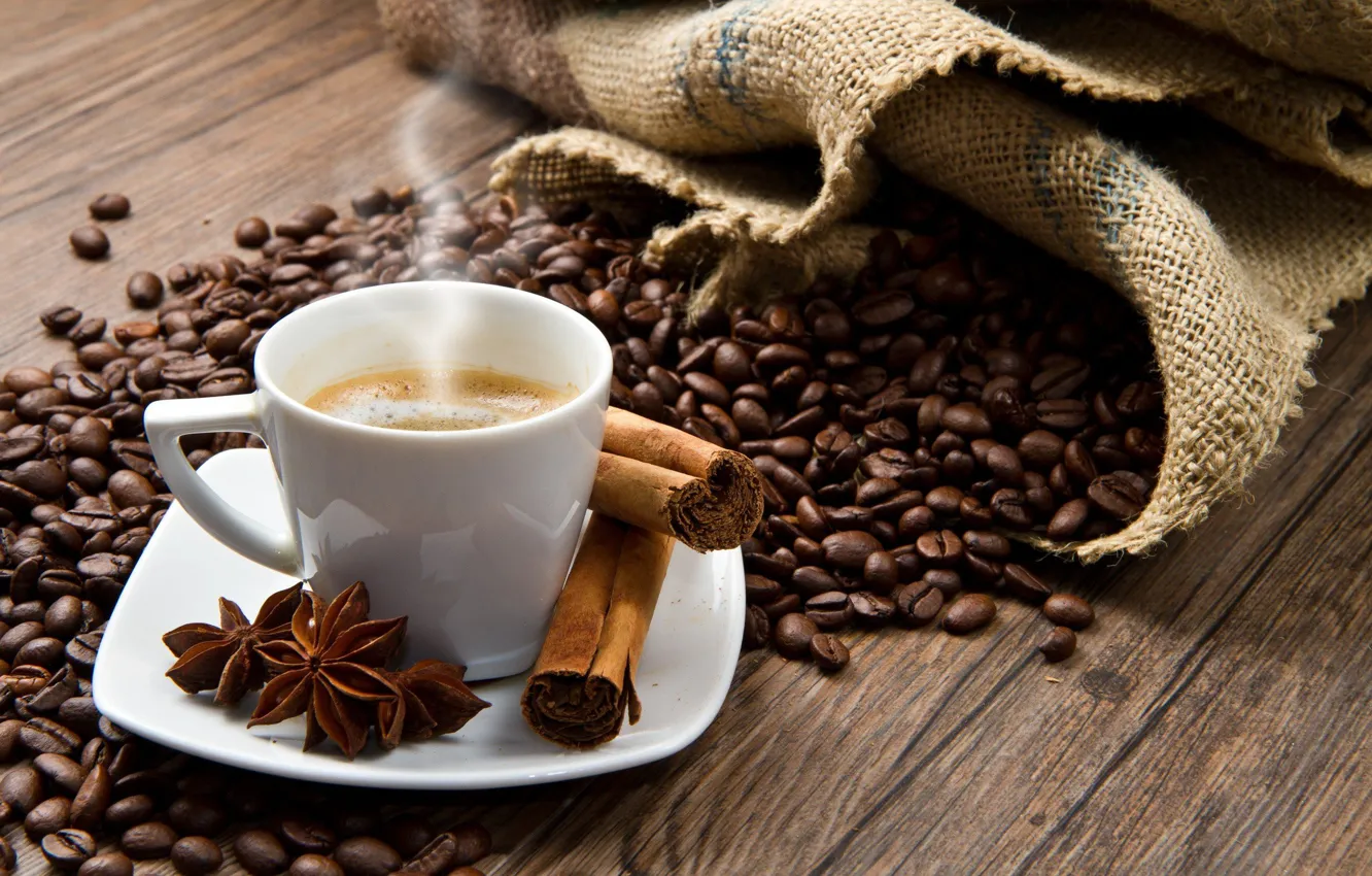 Photo wallpaper photo, coffee, grain, Cup, cinnamon, clove