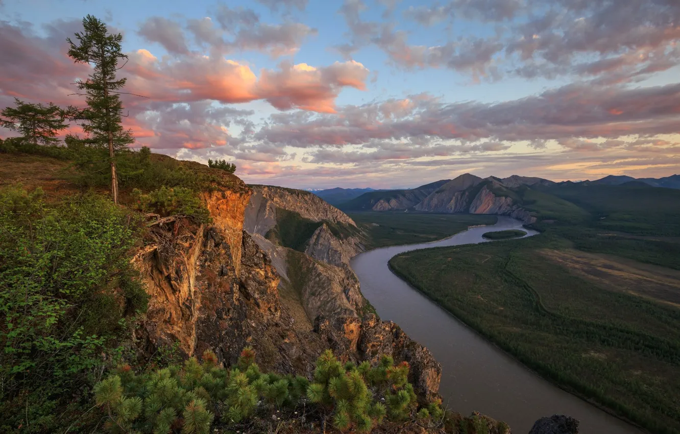 Photo wallpaper landscape, mountains, nature, river, rocks, Yakutia, white night, Denis Lukyanenko