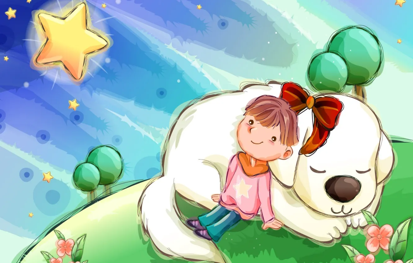 Photo wallpaper the sky, trees, glade, star, dog, Girl, bow