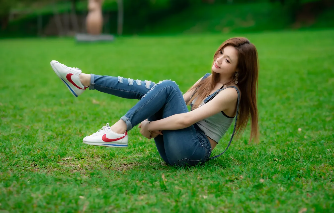 Photo wallpaper girl, jeans, Asian, cutie