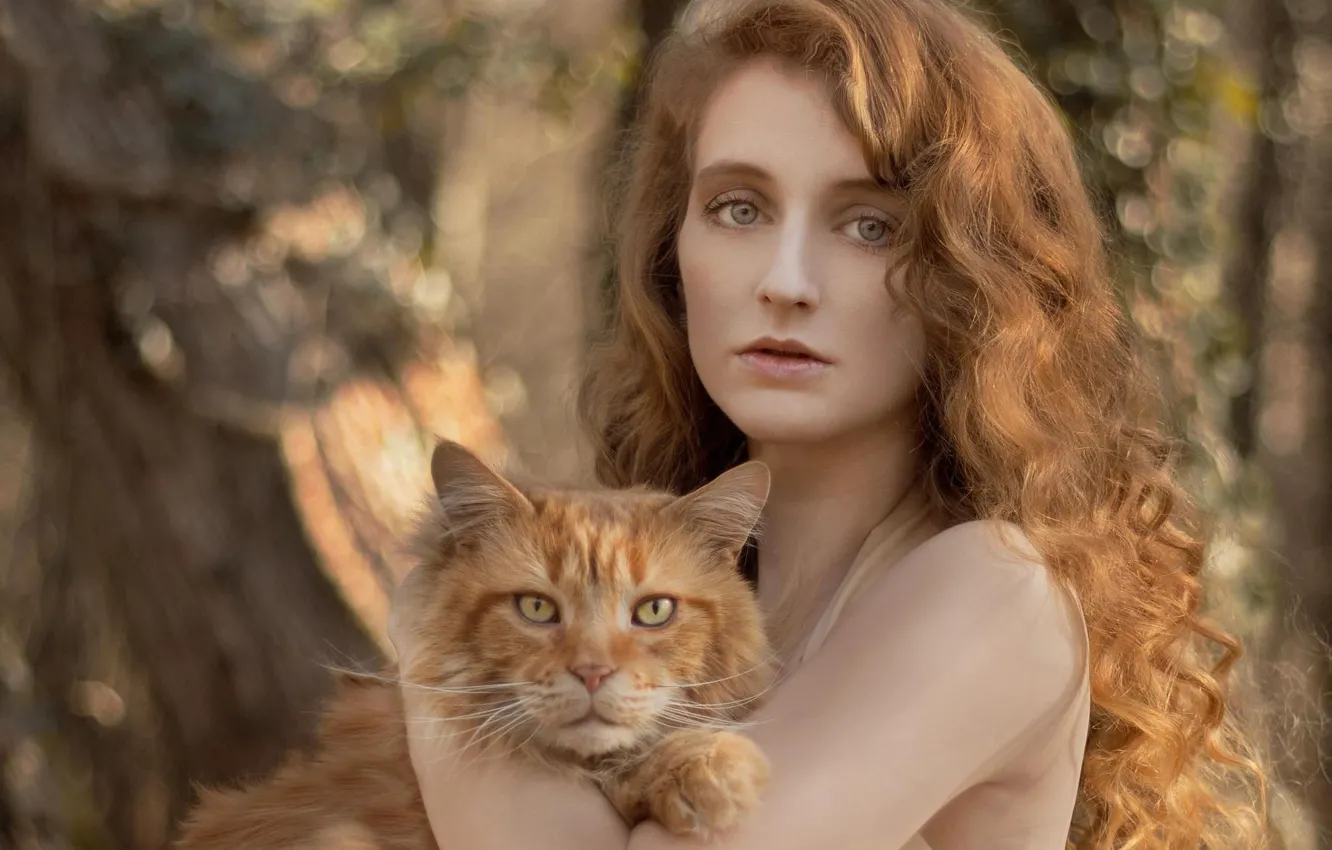 Photo wallpaper girl, red, long hair, red cat
