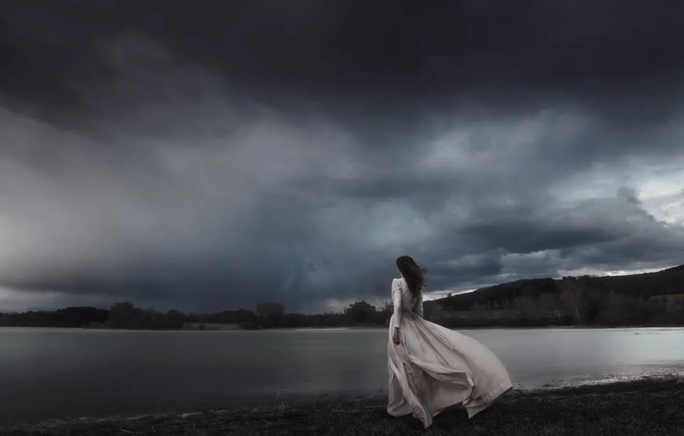 Photo wallpaper the sky, girl, landscape, nature, romance, dal, dress, long hair