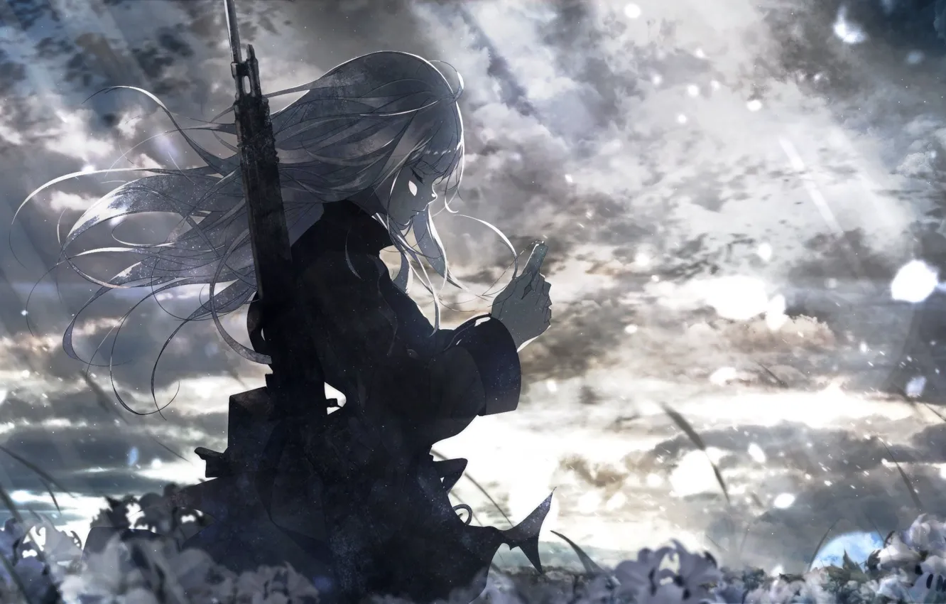 Photo wallpaper girl, clouds, anime