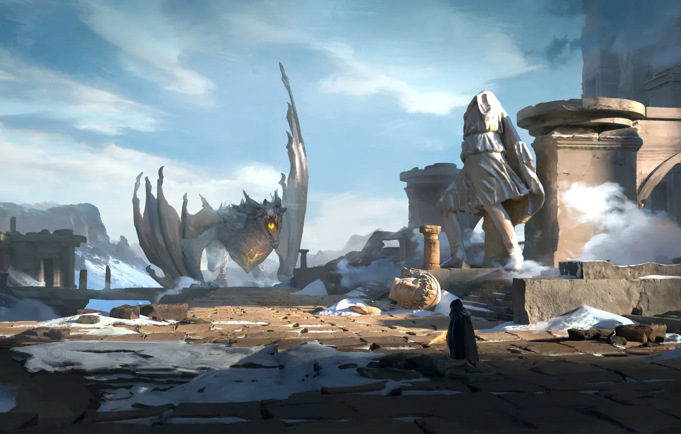 Photo wallpaper fantasy, Dragon, ruins, digital art, artwork, fantasy art, creature, statue