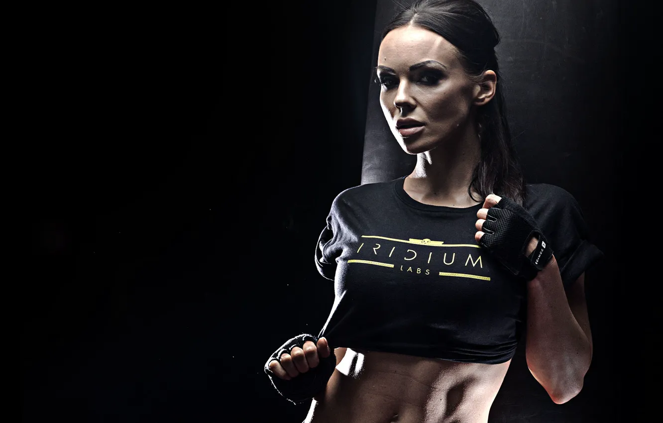 Photo wallpaper brunette, look, makeup, fitness girl