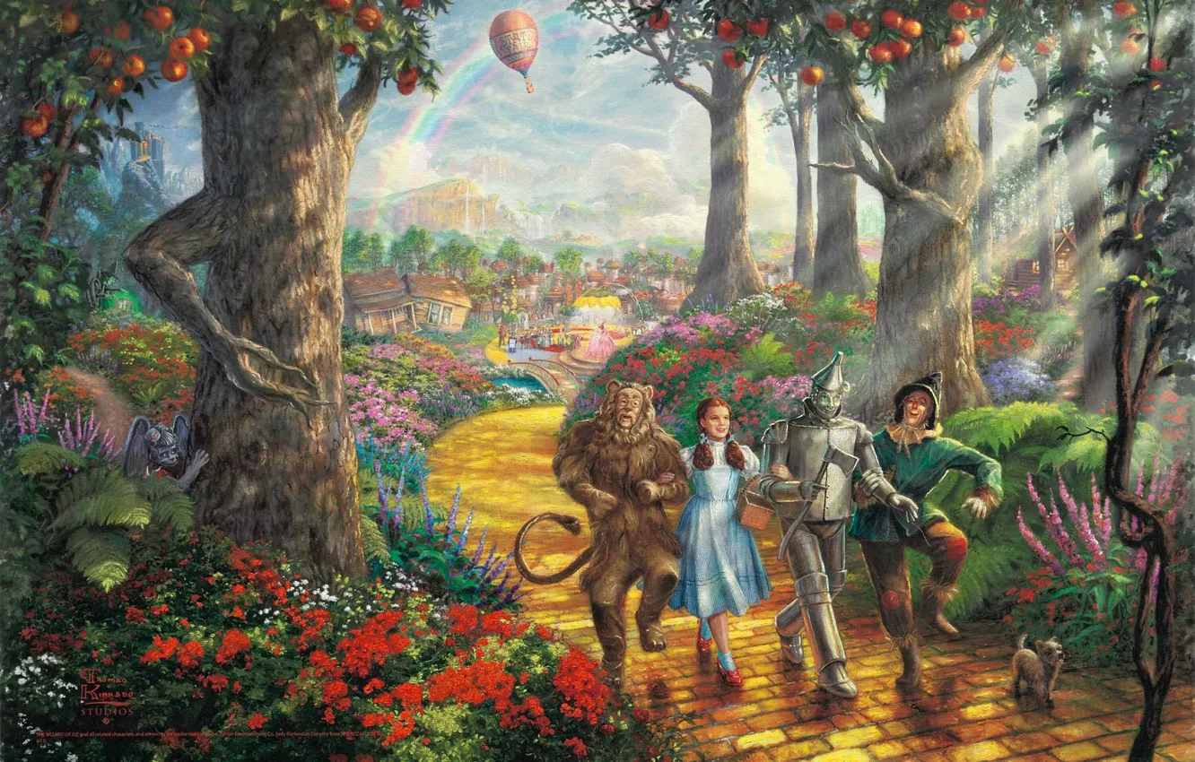 Photo wallpaper road, forest, trees, balloon, the film, cartoon, rainbow, fruit