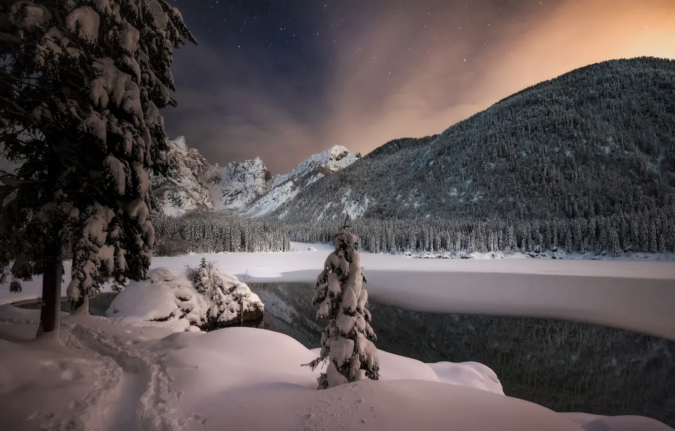 Photo wallpaper winter, snow, trees, mountains, night, lake, Italy, Italy