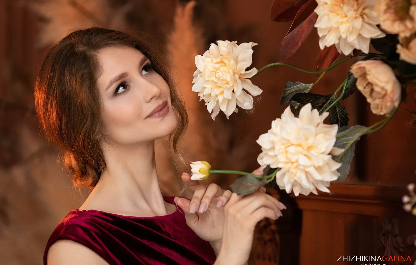 Photo wallpaper flowers, pose, model, portrait, makeup, hairstyle, brown hair, beauty