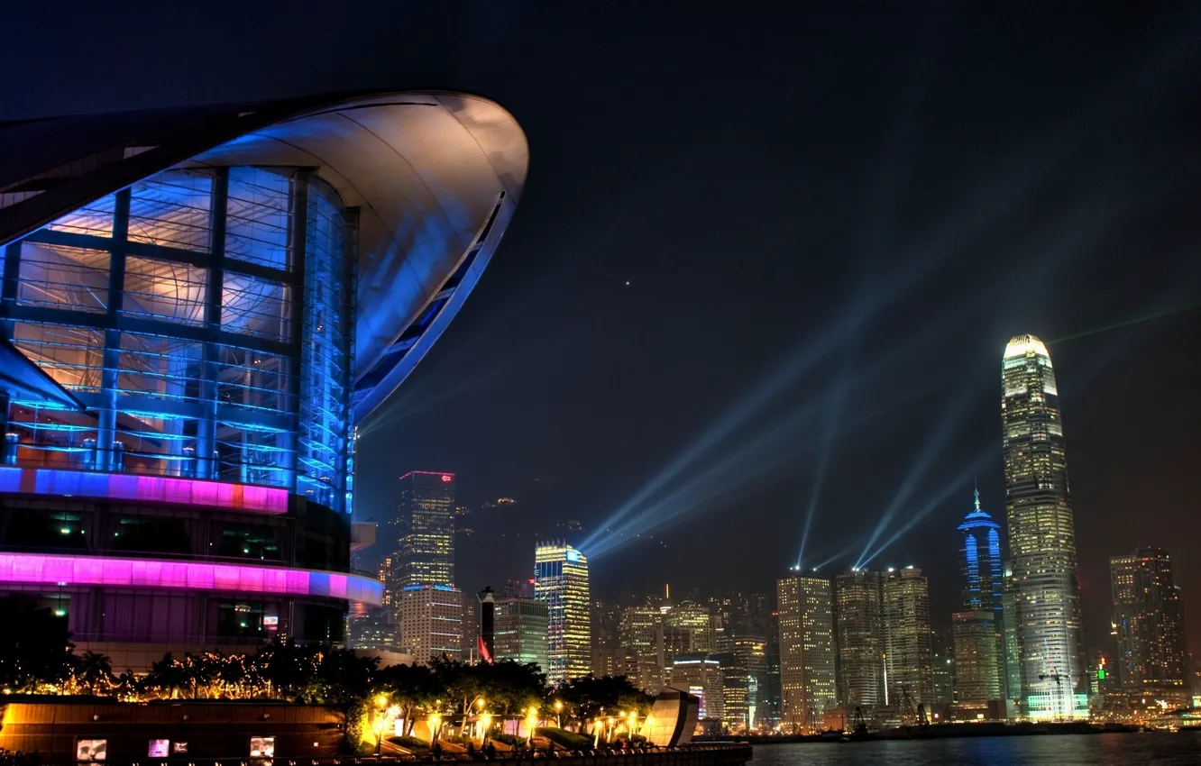 Photo wallpaper the city, Hong Kong, skyscrapers, evening lights