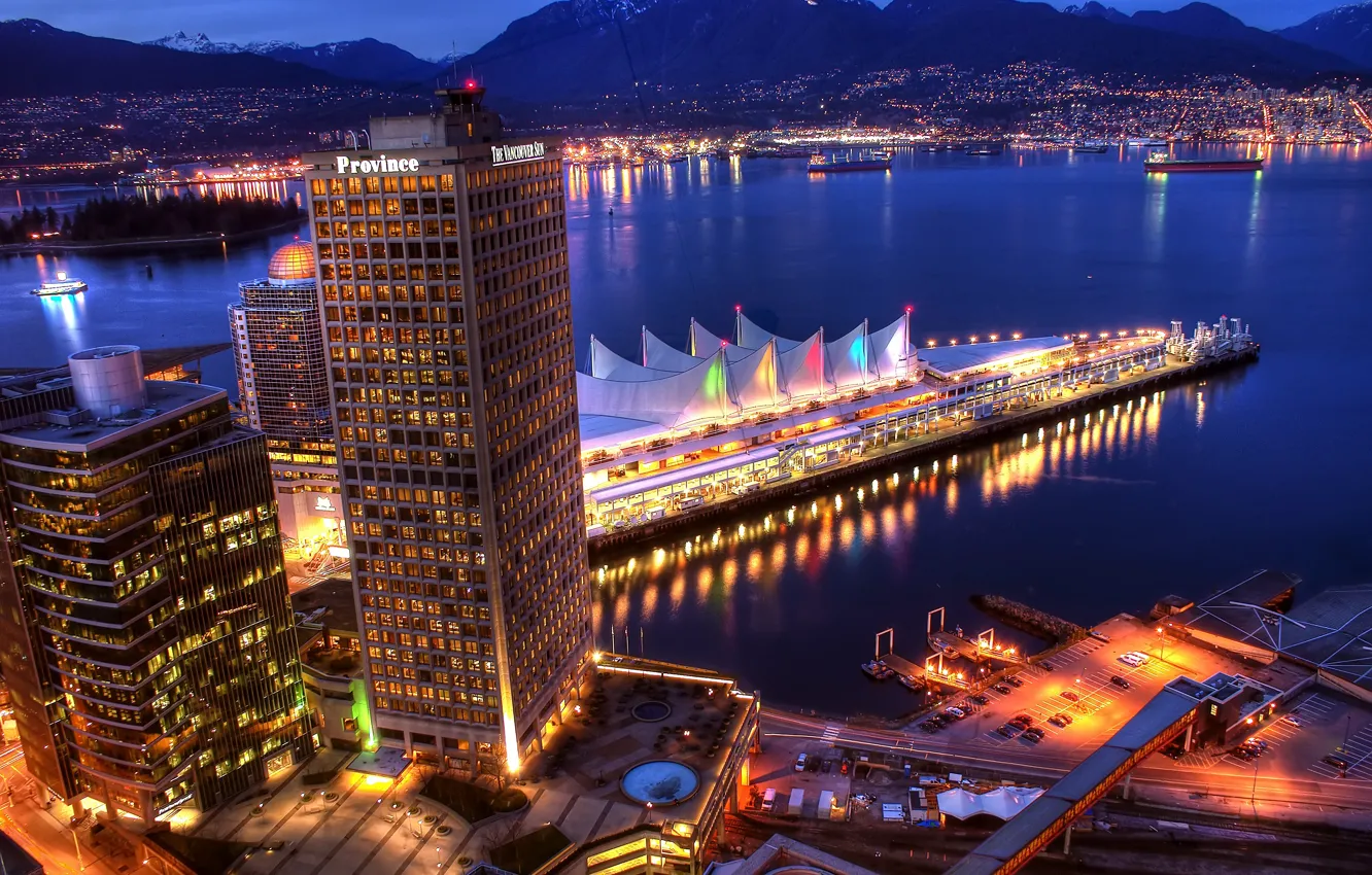 Photo wallpaper sea, mountains, the city, Marina, home, the evening, Vancouver