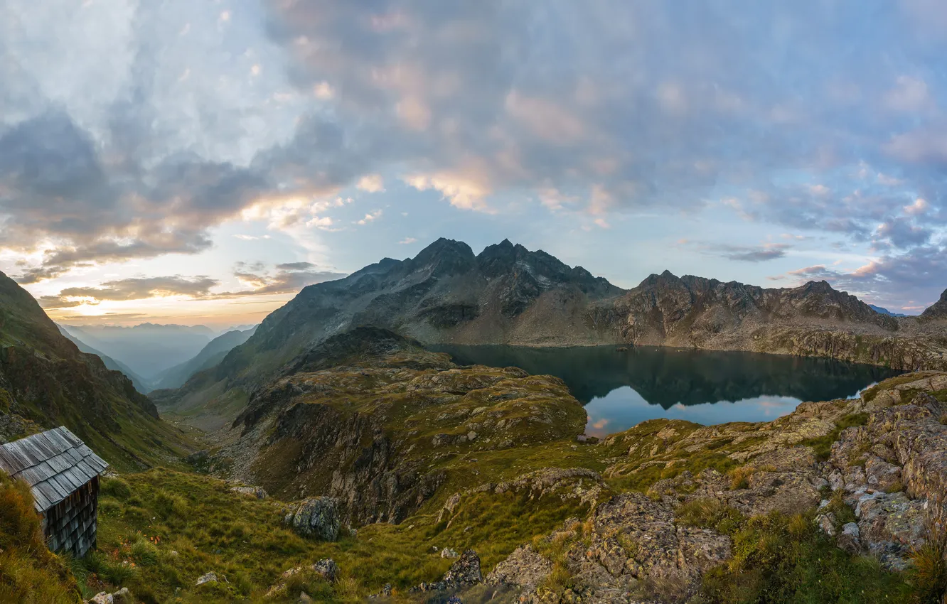 Photo wallpaper clouds, mountains, lake