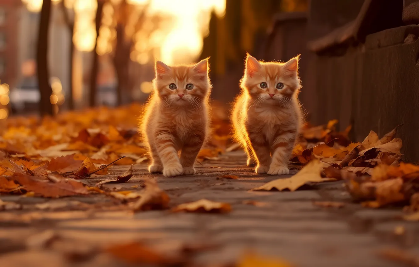 Photo wallpaper road, autumn, look, light, trees, cats, sunset, pose