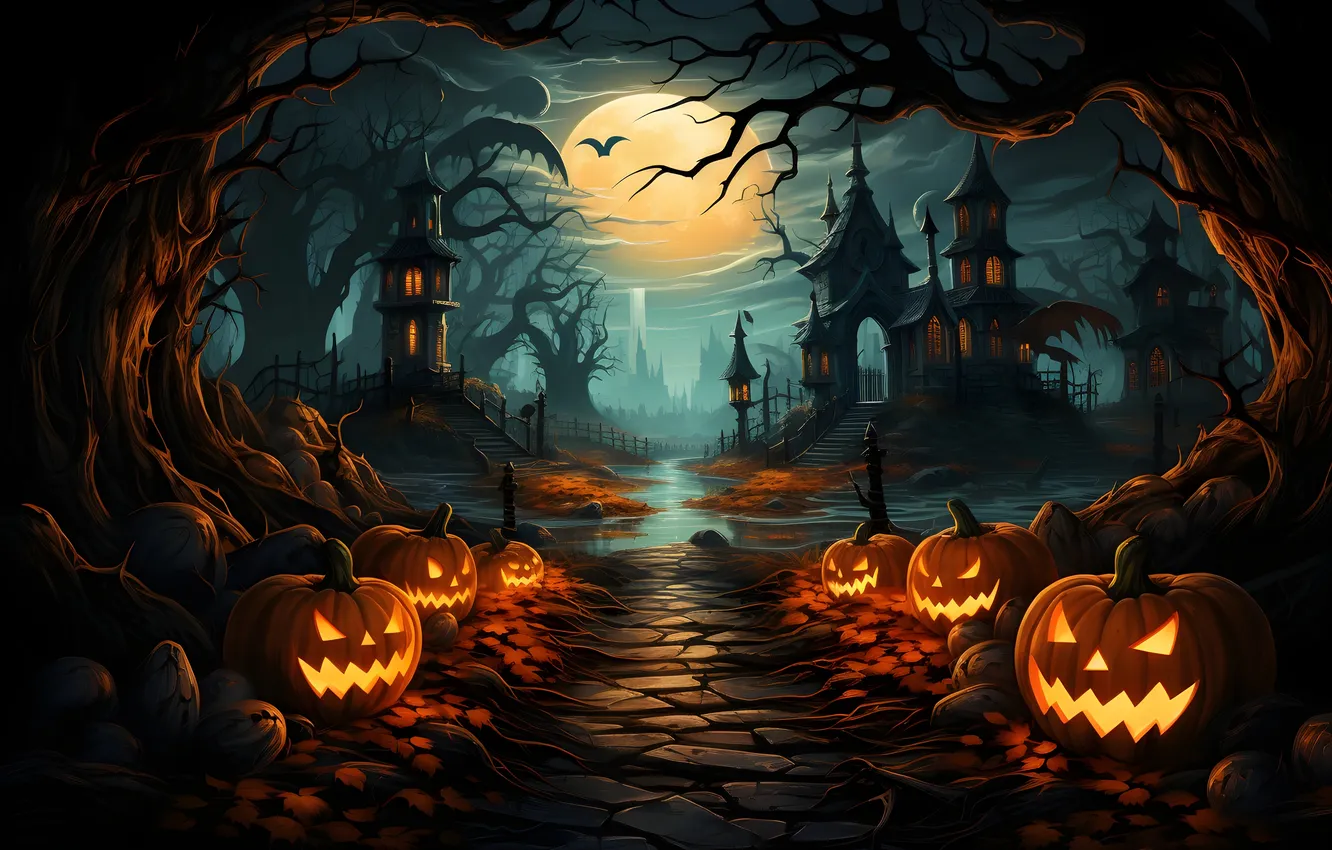 Photo wallpaper road, trees, night, clouds, lights, the moon, home, Halloween