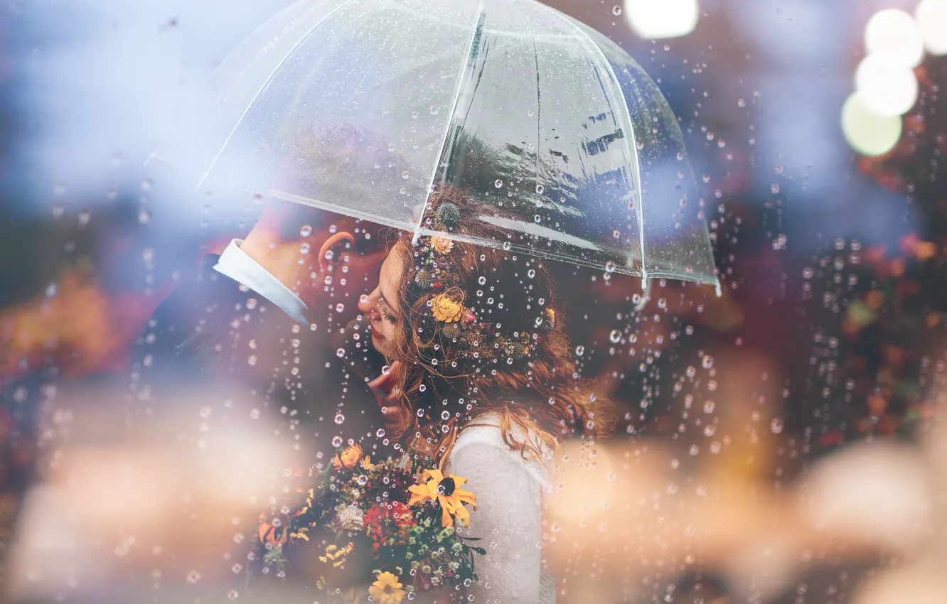 Photo wallpaper Love, Rain, Umbrella, The shower