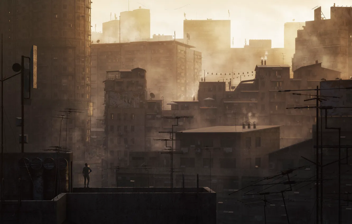 Photo wallpaper roof, city, the city, people, building, home, haze, sunrise