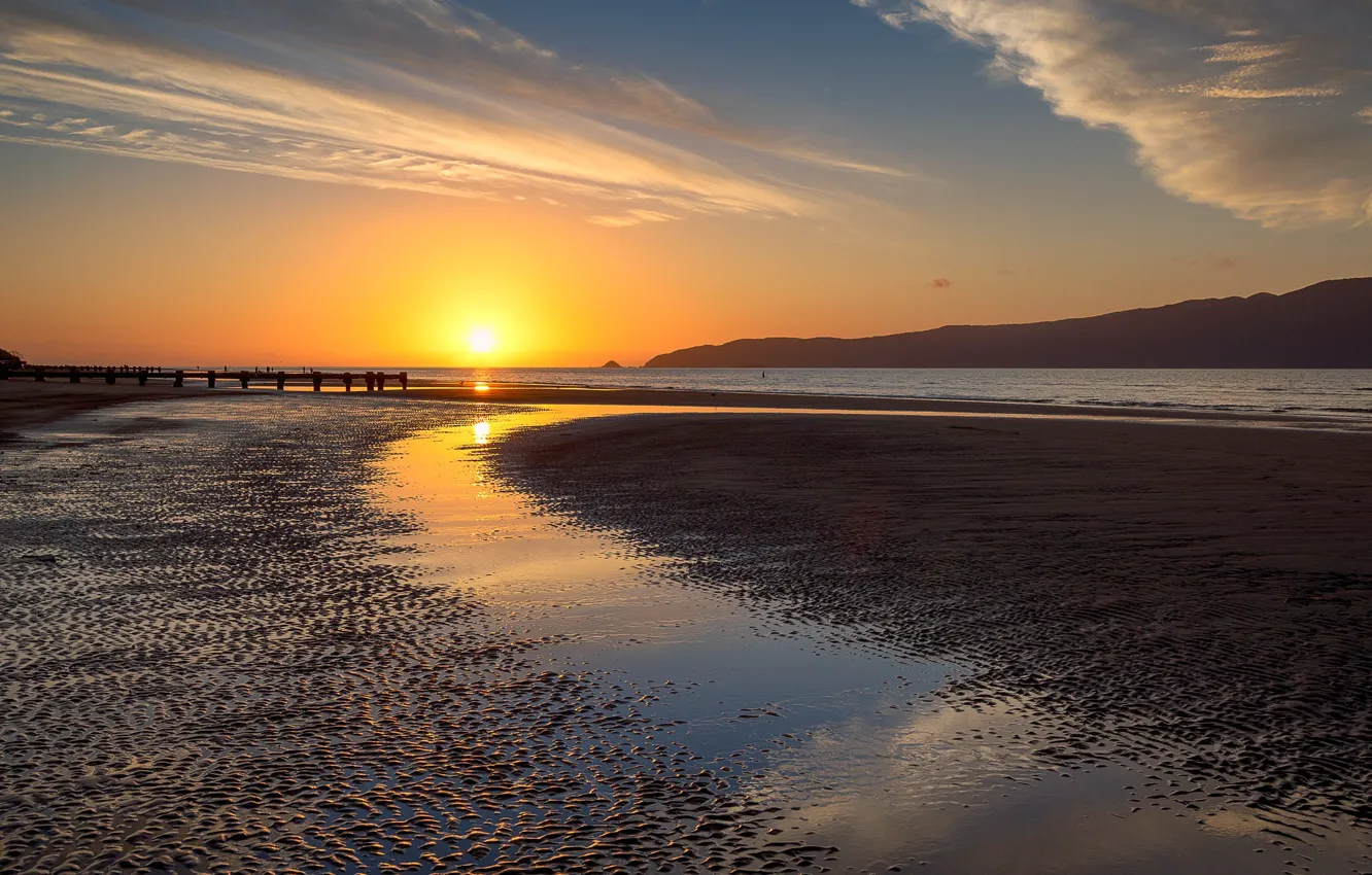 Photo wallpaper sand, sea, beach, the sky, the sun, clouds, sunset, mountains