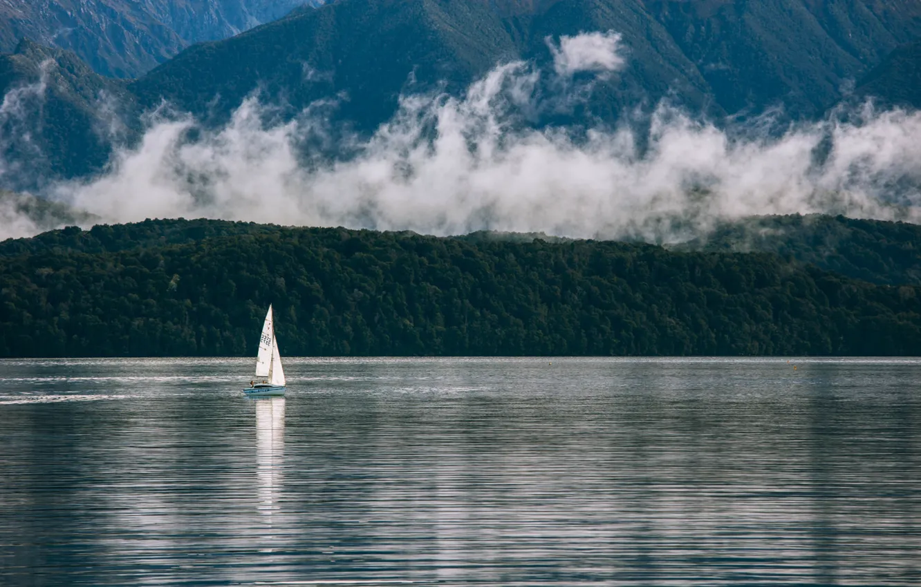 Photo wallpaper mountains, lake, shore, boat, sails