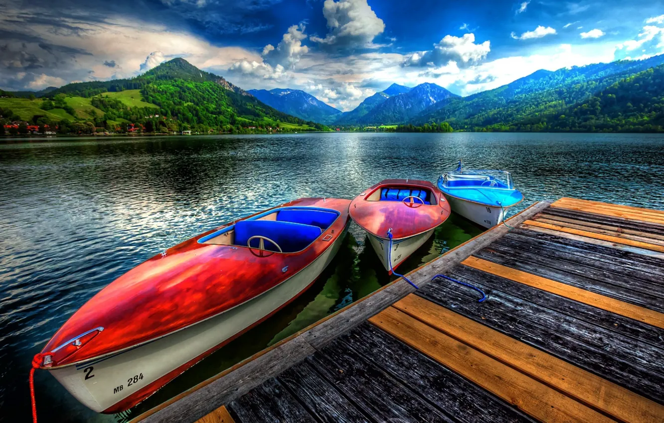 Photo wallpaper the sky, clouds, landscape, nature, lake, boat