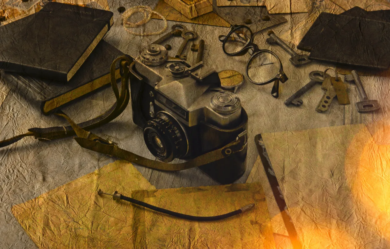 Photo wallpaper retro, key, glasses, the camera, different