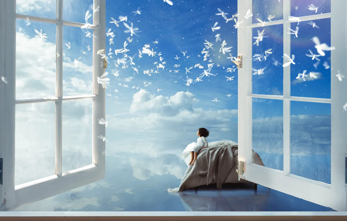 Photo wallpaper the sky, dream, glass, water, clouds, light, flight, children