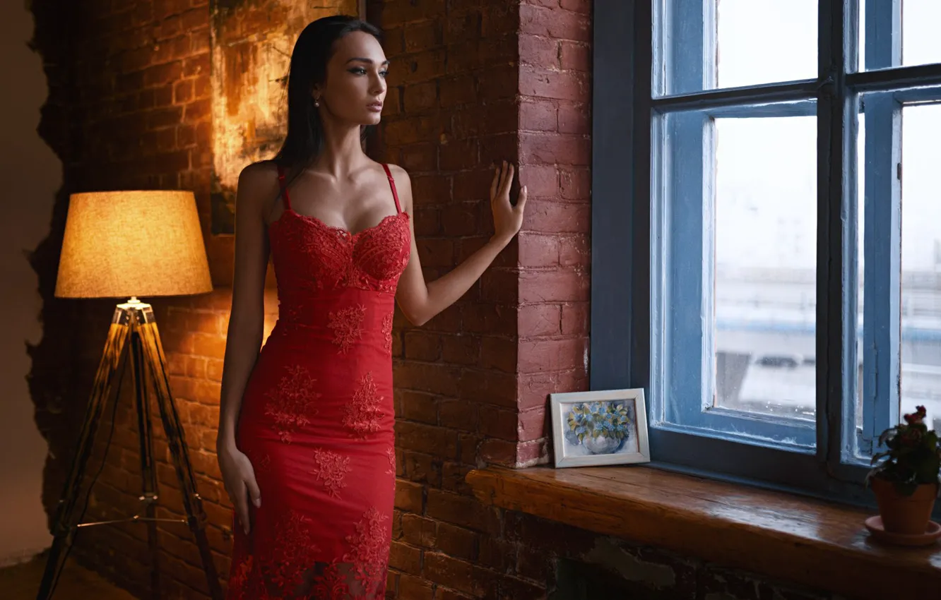 Photo wallpaper pose, style, figure, window, red dress, floor lamp, Sergey Fat, Sergey Zhirnov