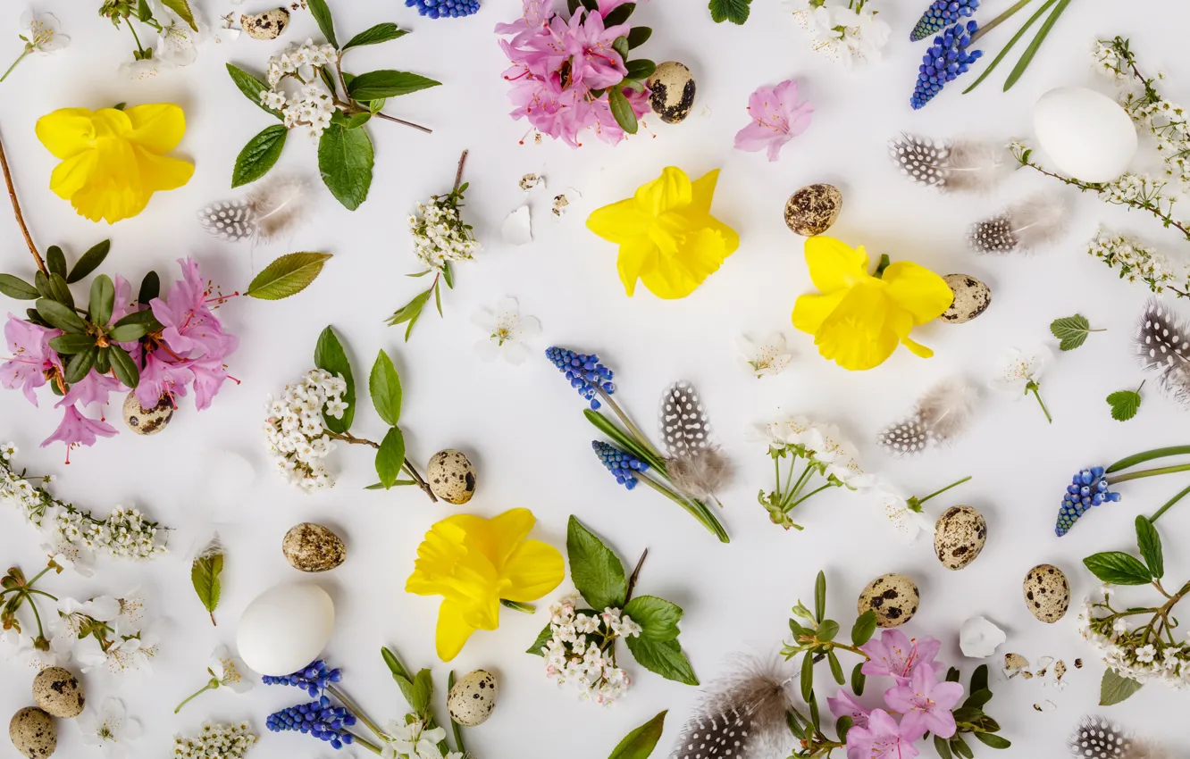 Photo wallpaper flowers, background, eggs, spring, colorful, Easter, flowers, spring