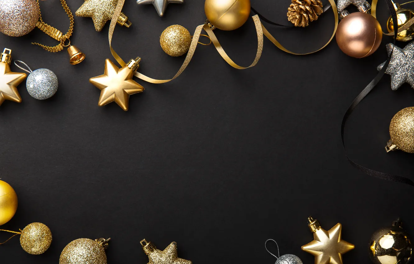 Photo wallpaper decoration, gold, balls, New Year, Christmas, golden, black background, black