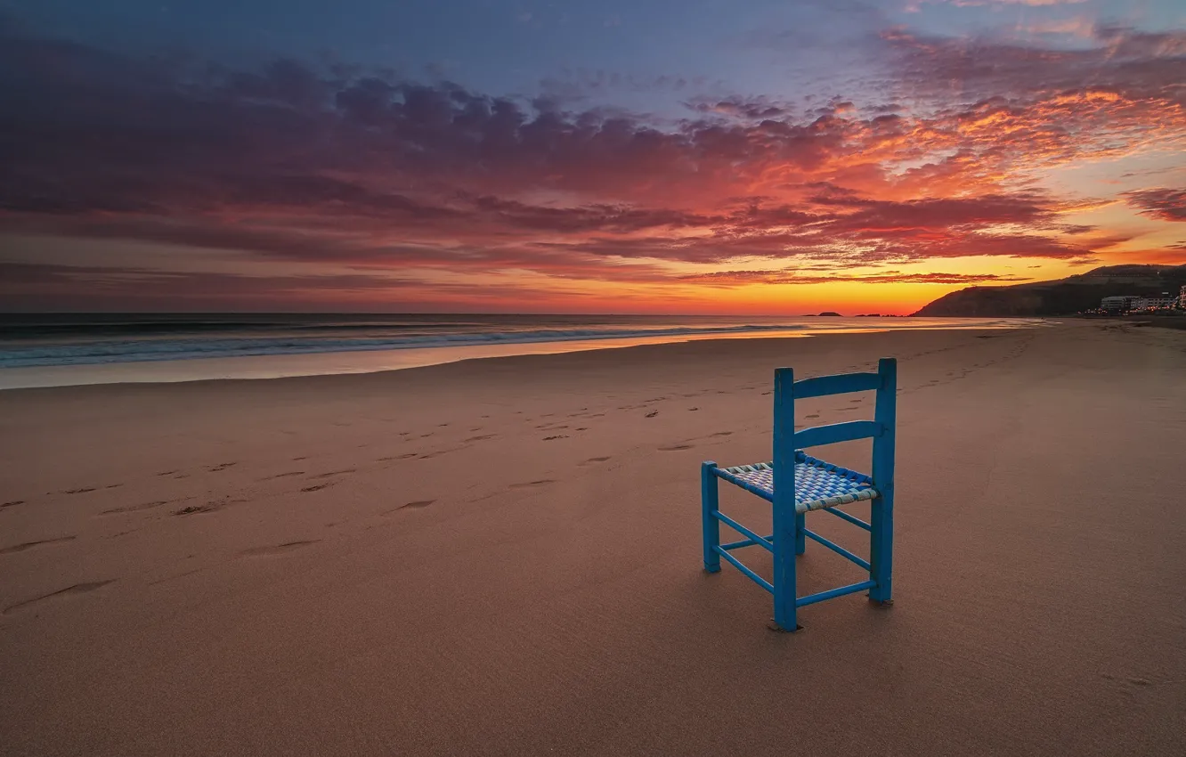 Photo wallpaper sea, sunset, shore, chair
