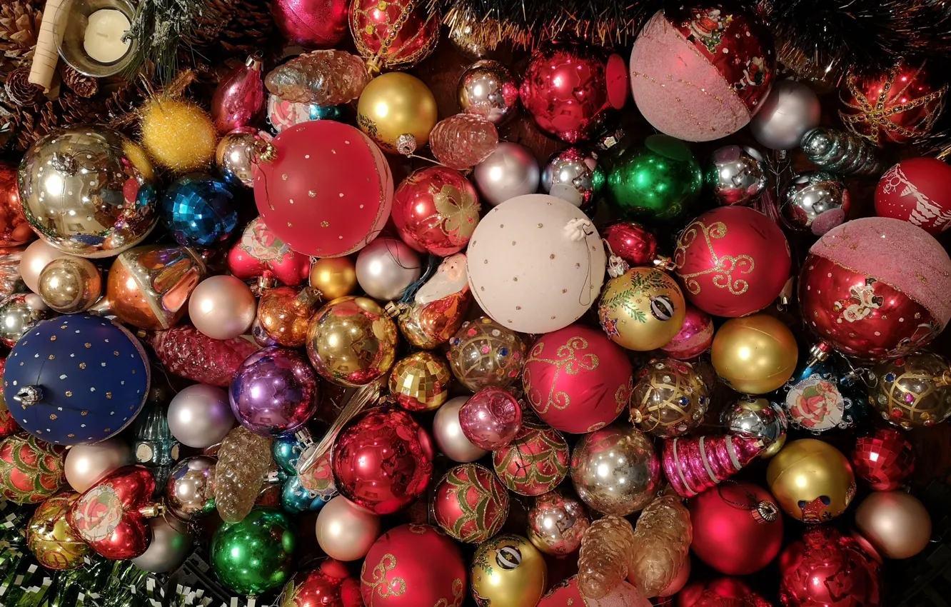 Photo wallpaper winter, balls, holiday, balls, toys, Christmas, red, New year