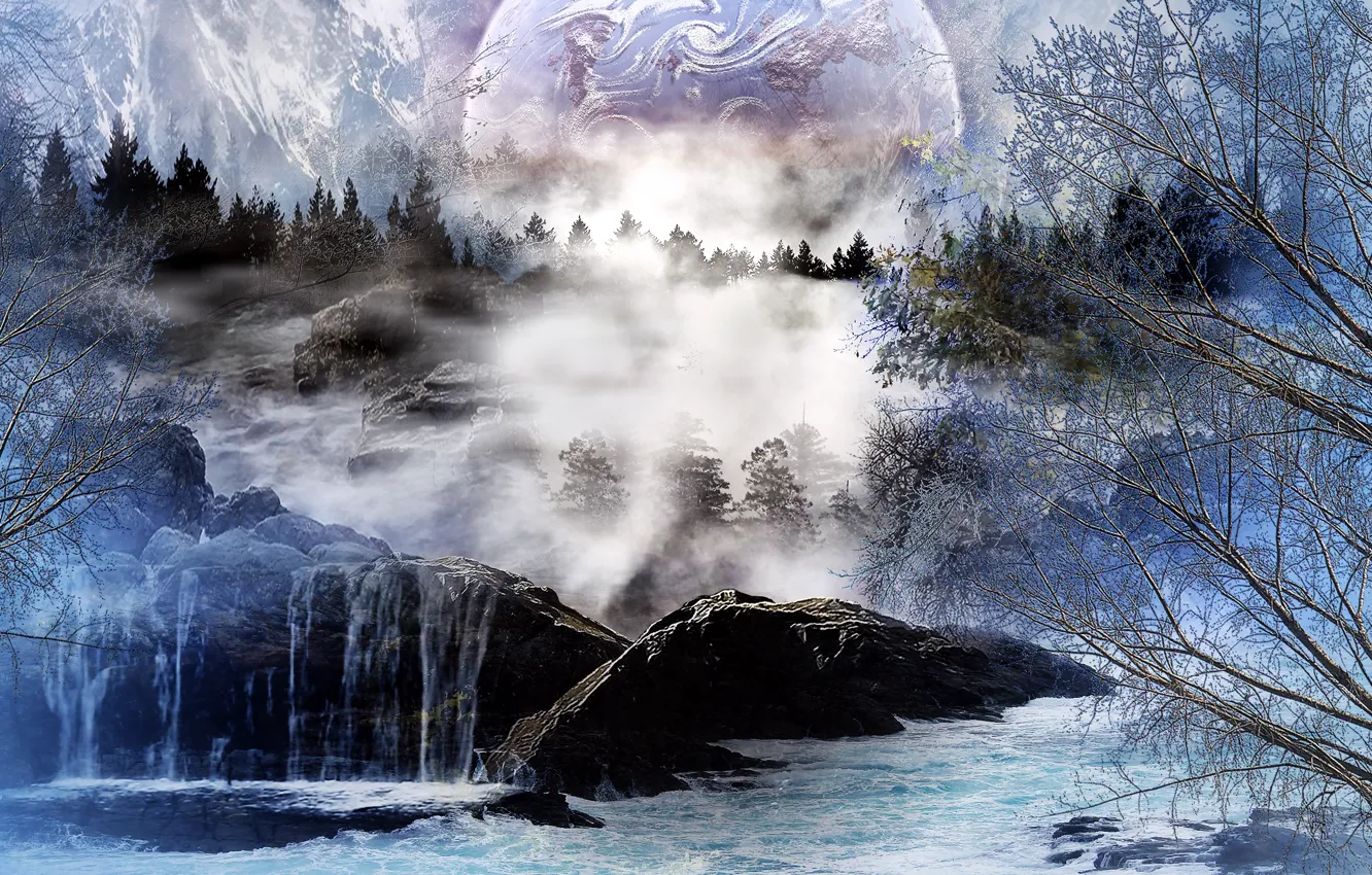 Photo wallpaper trees, landscape, mountains, river, waterfall, art