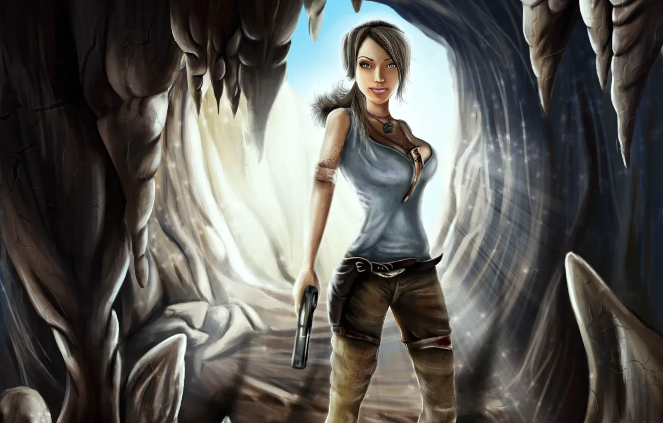 Photo wallpaper girl, light, gun, art, Tomb Raider, cave, lara croft