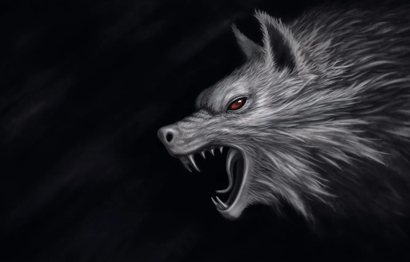 Photo wallpaper the dark background, wolf, head, art, mouth, red eyes, Olah Marin