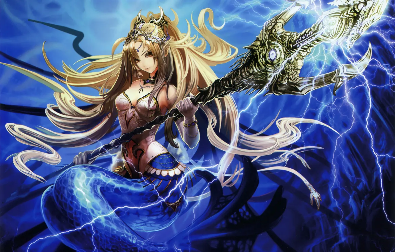 Photo wallpaper girl, magic, lightning, mermaid, anime, crown, art, under water