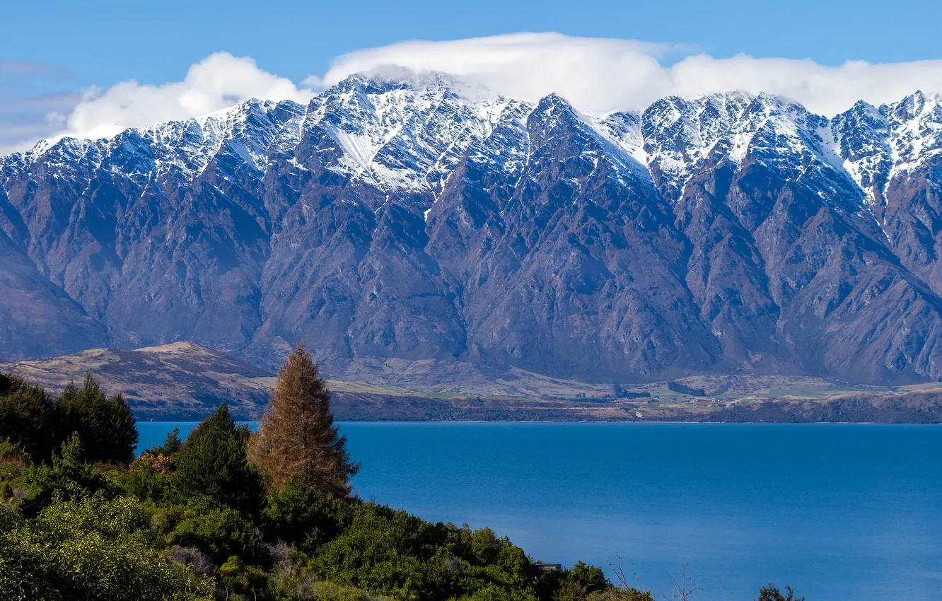Photo wallpaper the sky, snow, trees, mountains, lake