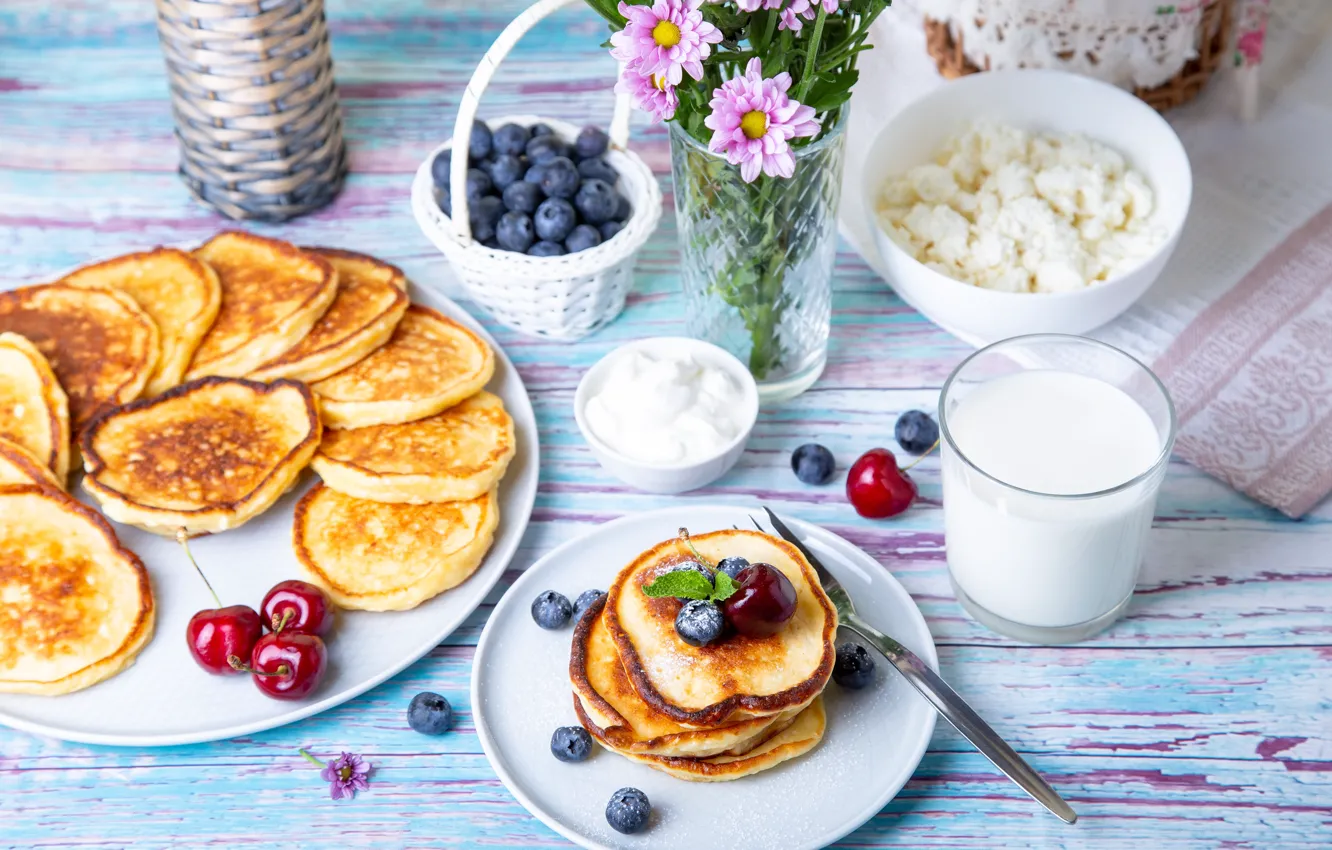 Photo wallpaper berries, fruit, pancakes, sour cream