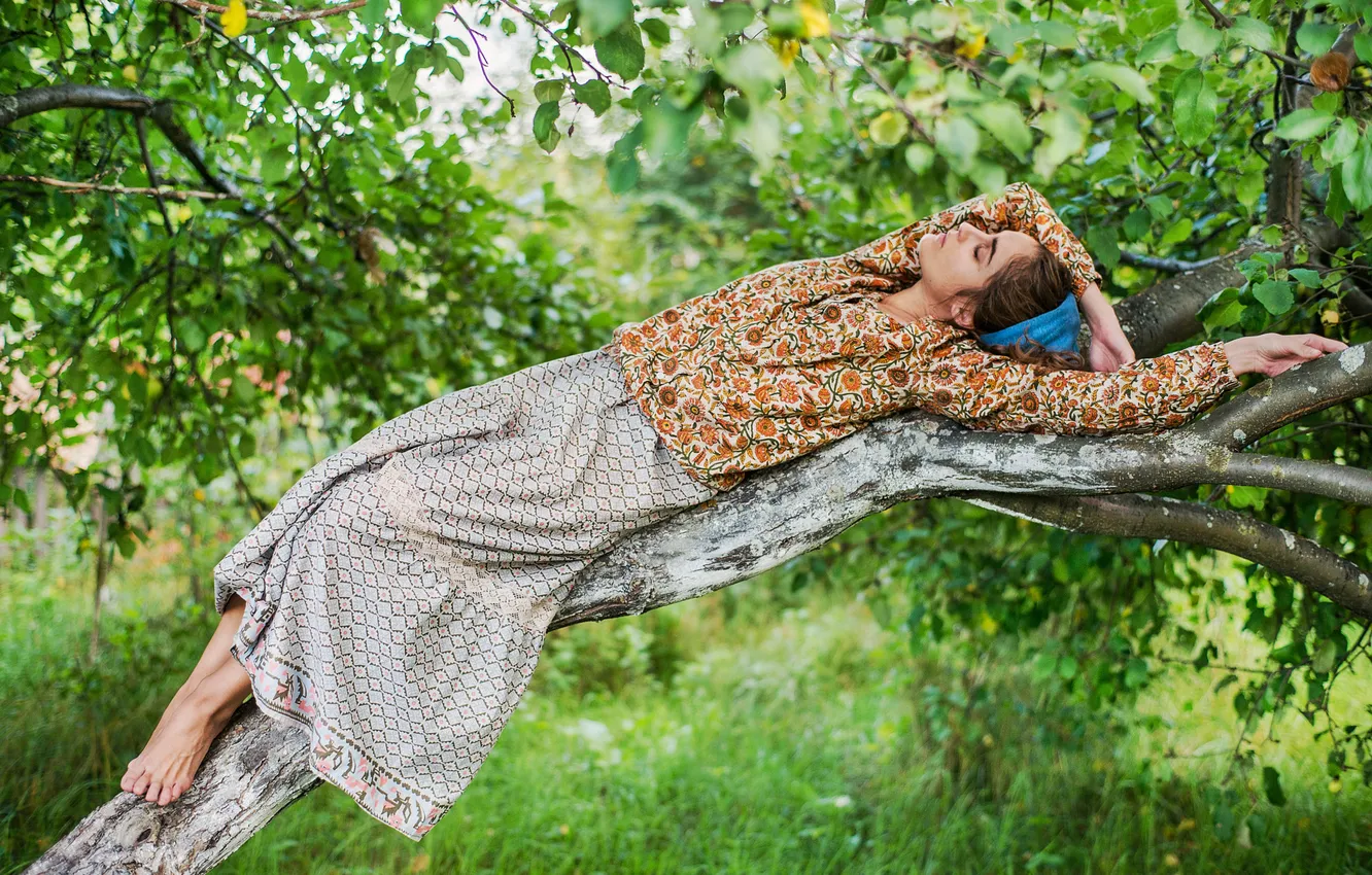 Photo wallpaper greens, summer, grass, leaves, girl, trees, branches, nature
