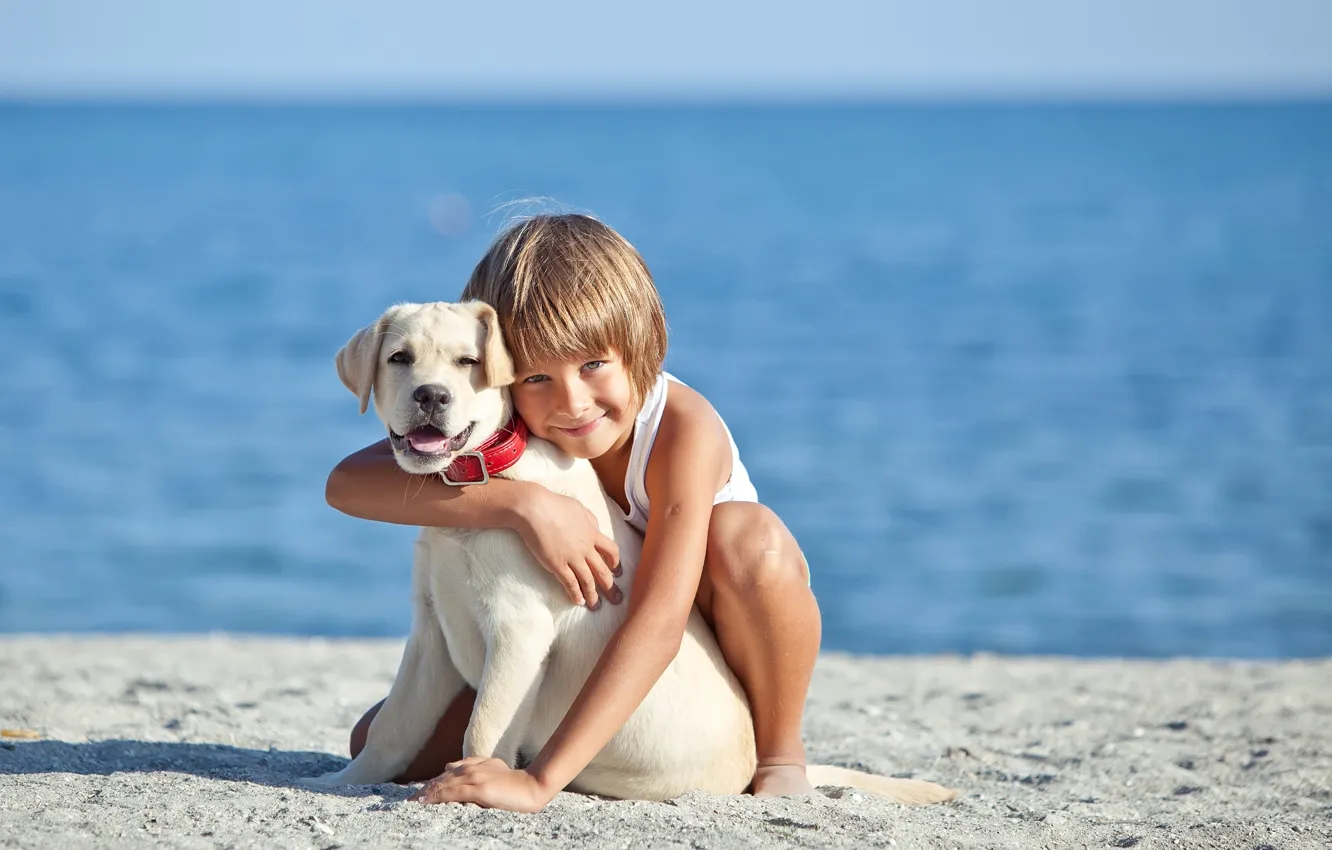 Photo wallpaper sea, children, smile, each, mood, shore, dog, boy
