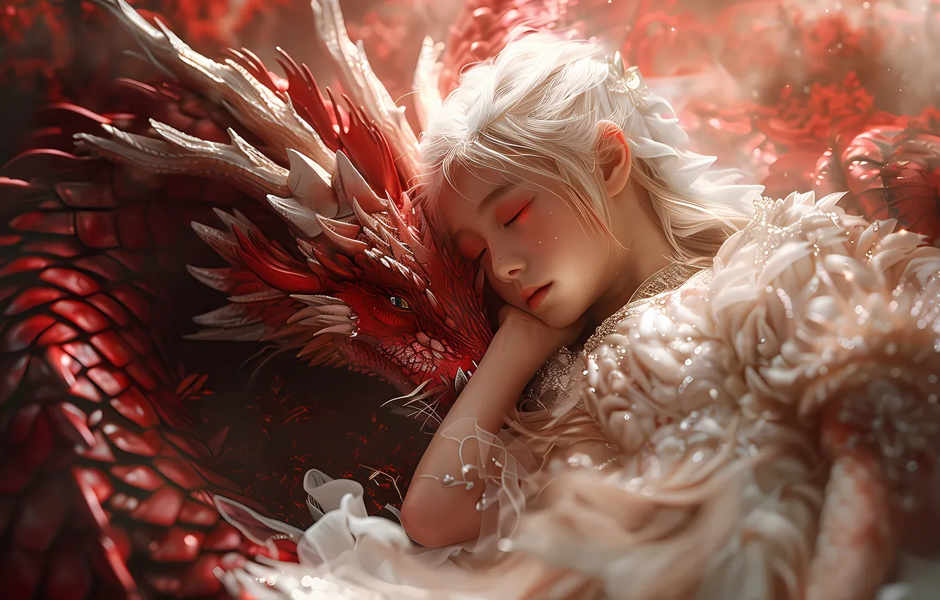 Photo wallpaper neural network, red, AI art, blonde, Princess, dragon, fantasy, girl