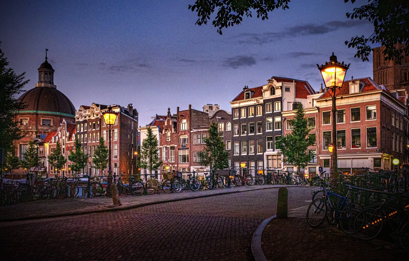 Photo wallpaper the city, building, home, Amsterdam, lights, Netherlands, bikes, Holland