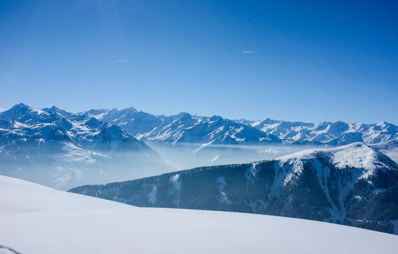 Photo wallpaper forest, the sky, snow, trees, mountains, the plane