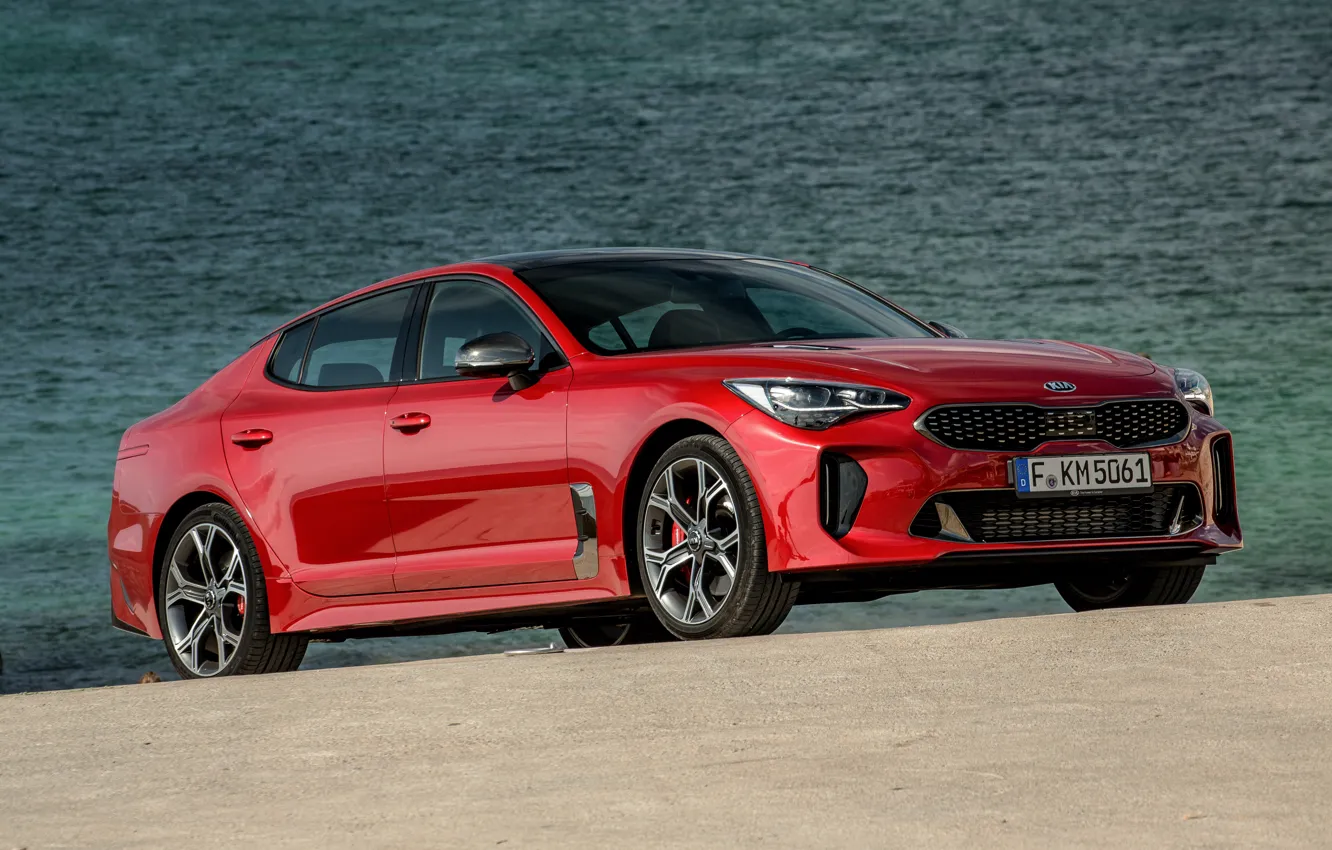 Photo wallpaper red, KIA, pond, Kia, the five-door, Stinger, Stinger GT, fastback