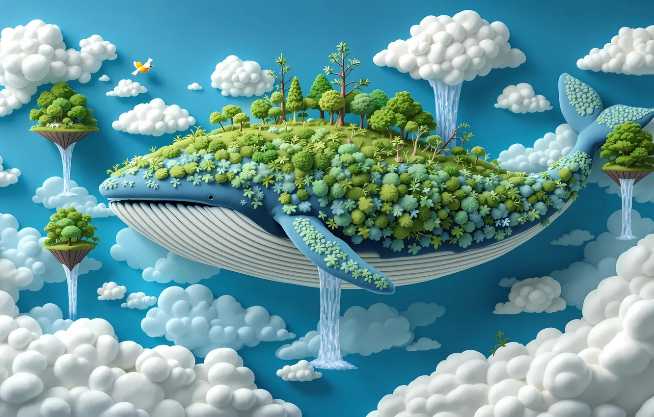 Photo wallpaper greens, the sky, clouds, trees, waterfall, kit