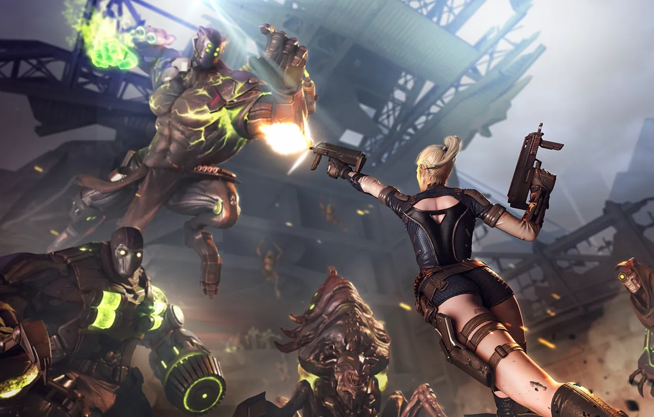 Photo wallpaper attack, the game, monsters, game, character, character, girl with guns, protective suits