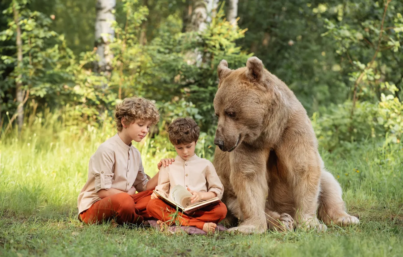 Photo wallpaper forest, summer, nature, children, pose, interest, glade, bear