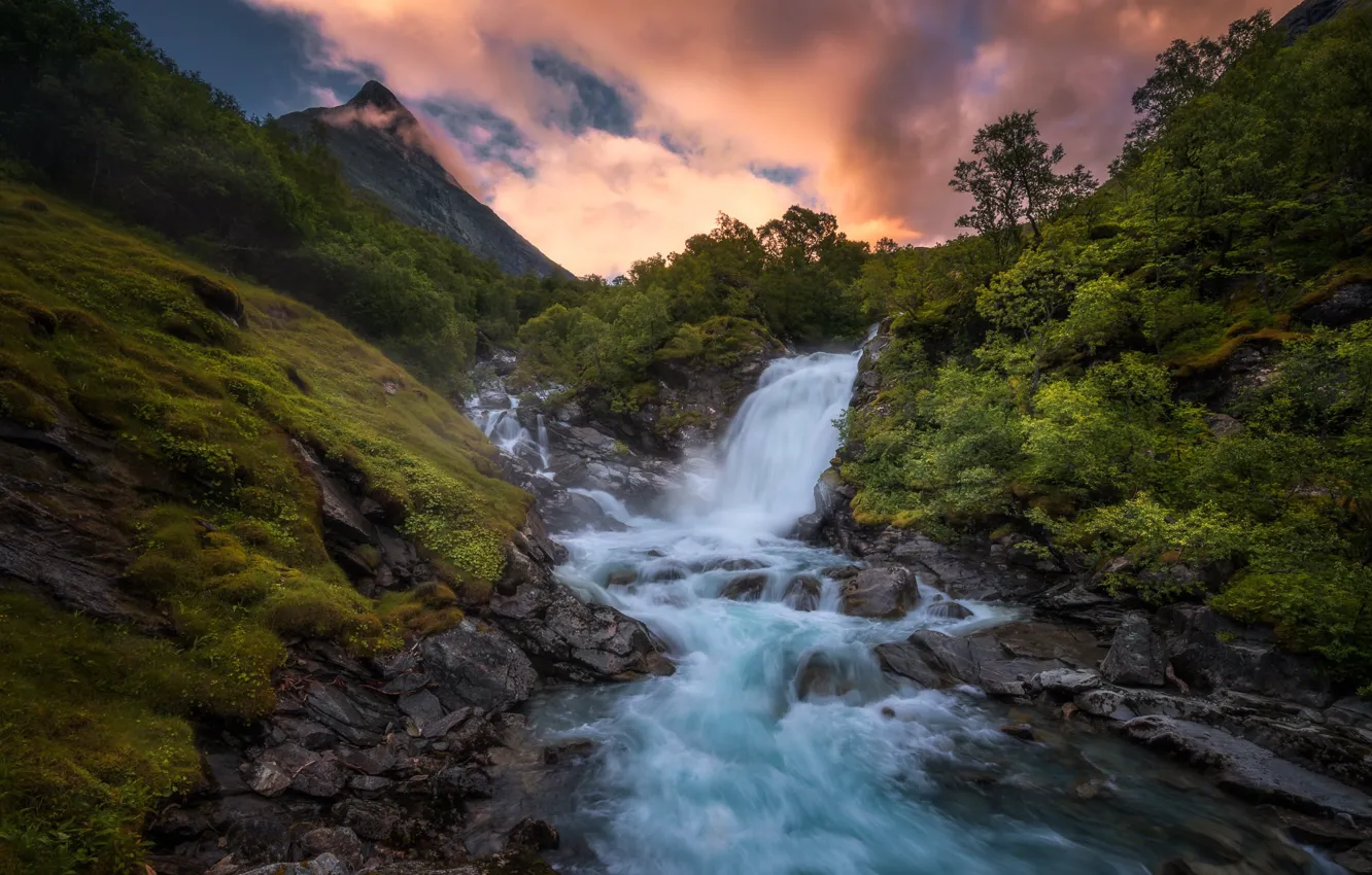 Photo wallpaper river, morning, slope, the flow of water