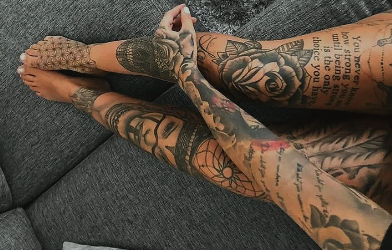 Photo wallpaper girl, sofa, tattoo, slender legs, tattoos on the legs, tattoos on the arms