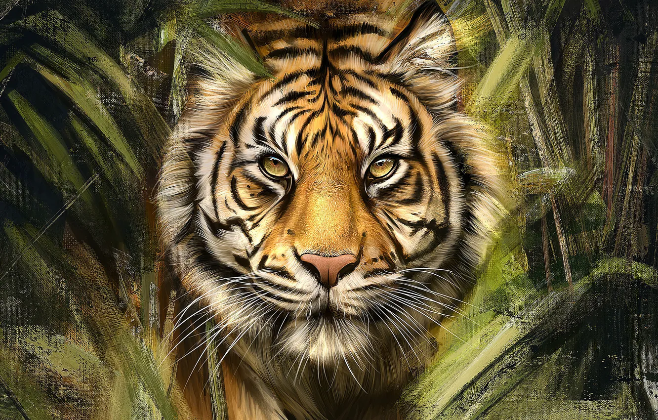 Photo wallpaper look, face, leaves, tiger, thickets, figure, portrait, art