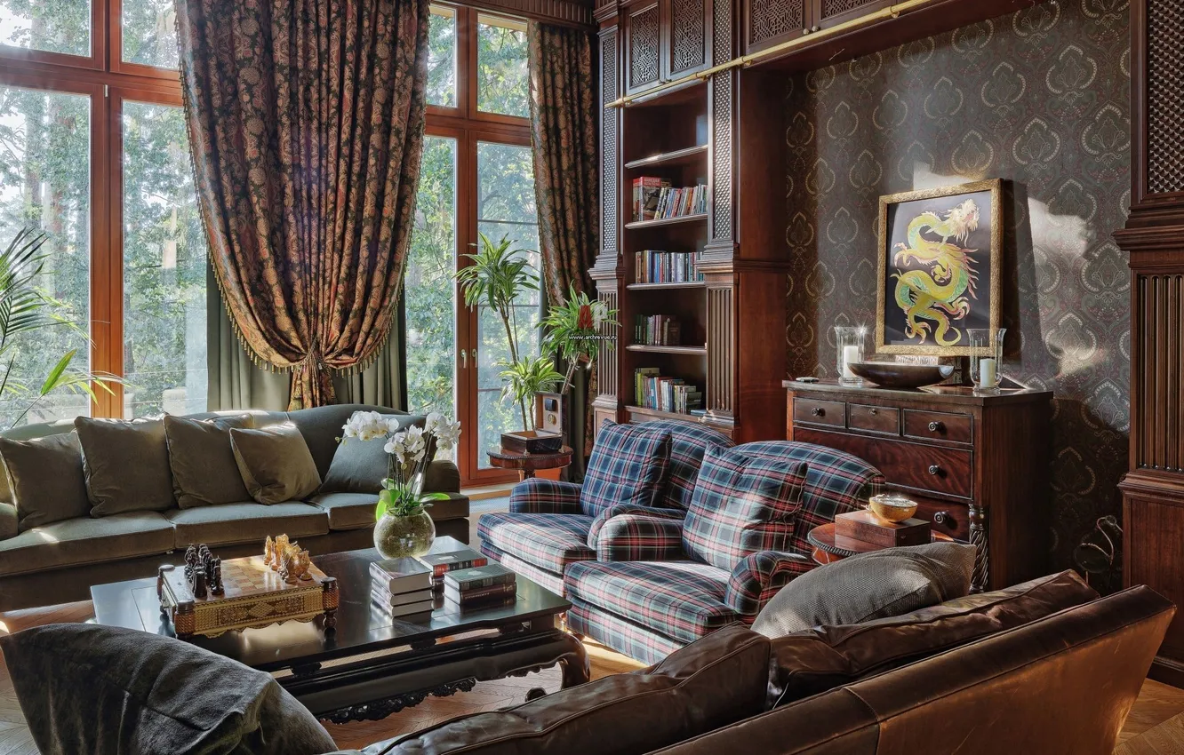 Photo wallpaper room, living room, interior, design, English style, upholstered furniture, library